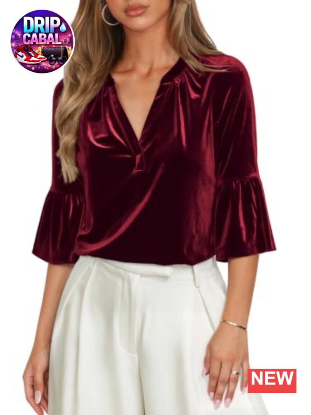 Velvet Blouse 3/4 Sleeve V-Neck Ruched Dressy Holiday Top